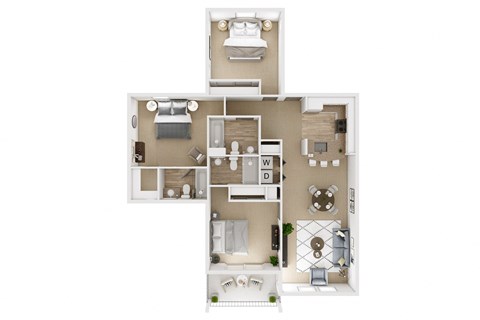 Floor plan for 3 beds, 3 baths, 1284 sqft
